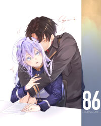 Rule 34 | 1boy, 1girl, 86 -eightysix-, absurdres, black hair, black shirt, blue jacket, closed eyes, collared shirt, colored eyelashes, copyright name, couple, grey eyes, grey hair, grey jacket, hair intakes, hetero, highres, holding, holding pen, hug, hug from behind, jacket, long hair, long sleeves, military, military jacket, military uniform, necktie, open mouth, pen, red necktie, shinei nouzen, shintake, shirt, short hair, sitting, standing, straight hair, uniform, vladilena millize, wing collar