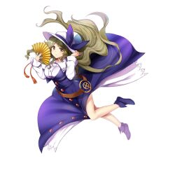 Rule 34 | 1girl, belt, breasts, brown eyes, closed mouth, dress, folding fan, full body, game cg, hand fan, hand on headwear, hat, hat ribbon, highres, holding, holding fan, large breasts, light brown hair, long hair, long sleeves, looking at viewer, purple dress, purple footwear, purple ribbon, ribbon, rotte (1109), simple background, smile, solo, third-party source, touhou, touhou lostword, watatsuki no toyohime, white background, white hat