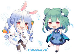 Rule 34 | 2girls, animal ears, animal print, black gloves, blue dress, blue hair, blush, brown legwear, butterfly print, carrot hair ornament, chibi, chibi only, commentary request, copyright name, don-chan (usada pekora), double bun, dress, earrings, food-themed hair ornament, full body, fur-trimmed dress, fur-trimmed gloves, fur trim, gloves, green hair, hair bun, hair ornament, highres, hololive, jewelry, long sleeves, multicolored hair, multiple girls, oosaka rei, open mouth, pantyhose, polka dot, rabbit ears, red eyes, short hair, short sleeves, simple background, skull earrings, skull hair ornament, smile, teeth, triangle, two-tone hair, upper teeth only, uruha rushia, uruha rushia (1st costume), usada pekora, usada pekora (1st costume), virtual youtuber, white background, white dress, white footwear, white hair, wide sleeves