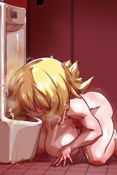 Rule 34 | 1girl, bathroom, blonde hair, blush, breasts, completely nude, dark magician girl, female focus, highres, humiliation, large breasts, long hair, nipples, nude, pee, peeing, restroom, solo, toilet stall, urinal, yu-gi-oh!