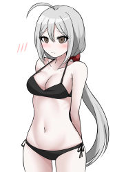 Rule 34 | 1girl, absurdres, ahoge, arms behind back, bad id, bad pixiv id, bikini, black bikini, blush, bow, breasts, brown eyes, cleavage, closed mouth, collarbone, commentary request, cowboy shot, danganronpa (series), grey hair, hair between eyes, hair bow, highres, honyang, long hair, looking at viewer, low ponytail, medium breasts, navel, red bow, side-tie bikini bottom, simple background, solo, sora (super danganronpa another 2), super danganronpa another 2, swimsuit, white background