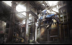 Rule 34 | abandoned, commentary, concept art, damaged, english commentary, hangar, highres, looking down, mecha, no humans, official art, one-eyed, retrolin, robot, scenery, science fiction, the surge