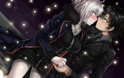 Rule 34 | 1boy, 1girl, black hair, blue eyes, blush, coat, couple, dutch angle, embarrassed, eye contact, eyes visible through hair, face-to-face, fate/grand order, fate (series), fujimaru ritsuka (male), fujimaru ritsuka (male) (royal brand), fur trim, hetero, highres, holding hands, jeanne d&#039;arc (fate), jeanne d&#039;arc (ruler) (fate), jeanne d&#039;arc alter (fate), jeanne d&#039;arc alter (ver. shinjuku 1999) (fate), jewelry, light smile, looking at another, necktie, official alternate costume, pale skin, pendant, profile, sanmoto gorouzaemon, short hair, silver hair, sitting, sweatdrop, winter clothes, yellow eyes
