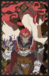 Rule 34 | 1boy, absurdres, armor, beard, bone1987, cape, clenched hand, colored skin, creatures (company), crossover, earrings, facial hair, forehead jewel, game freak, ganondorf, gen 8 pokemon, grey skin, highres, jewelry, male focus, nintendo, orange eyes, pointy nose, pokemon, red cape, red hair, sandaconda, short hair, sideburns, standing, the legend of zelda, the legend of zelda: ocarina of time