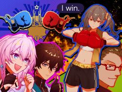 Rule 34 | 2boys, 2girls, :d, alternate costume, black gloves, black hair, black shorts, boxing gloves, character request, closed mouth, dan heng (honkai: star rail), earrings, english text, expressionless, eyeliner, glasses, gloves, hair between eyes, honkai: star rail, honkai (series), jewelry, kokollet, makeup, march 7th (honkai: star rail), medium hair, midriff, multiple boys, multiple girls, navel, open clothes, open mouth, pink hair, red eyeliner, red gloves, short hair, shorts, side ponytail, single glove, smile, stelle (honkai: star rail), thumbs up, trailblazer (honkai: star rail), upper body, v-shaped eyebrows, yellow eyes, zipper