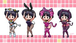 Rule 34 | 1girl, adjusting clothes, adjusting headwear, alternate costume, animal costume, animal ear hairband, animal ears, animal hands, animal print, armpits, arms up, bell, bikini, black bow, black bowtie, black footwear, black hair, black headband, black pantyhose, bob cut, boots, bow, bowtie, brown eyes, bustier, cat ear hairband, cat ears, cat girl, cat paws, checkered background, chibi, chibi only, clothing cutout, cow costume, cow ears, cow horns, cow print, cow tail, cowbell, demon girl, demon horns, demon tail, demon wings, elbow gloves, fake animal ears, fishnet pantyhose, fishnets, fluffy clothes, full body, gloves, hairband, halter shirt, halterneck, hands on own head, headband, high heels, highres, horn hairband, horns, legs together, leotard, looking to the side, navel, navel cutout, neck bell, open mouth, pantyhose, paw gloves, paw shoes, pink headband, pink skirt, pink thighhighs, playboy bunny, purple bikini, purple bustier, purple leotard, rabbit ears, rabbit tail, ranma 1/2, short shorts, shorts, signature, skirt, skull collar, sweatdrop, swimsuit, tail, tendou akane, thigh boots, thighhighs, tiger stripes, two-tone headwear, wanta (futoshi), white footwear, white wrist cuffs, wings, wrist cuffs