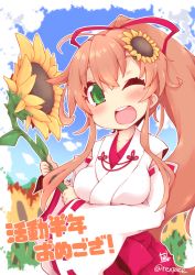 Rule 34 | 1girl, ;d, blue sky, blush, breasts, brown hair, cloud, collarbone, day, field, flower, flower field, green eyes, hair between eyes, hair flower, hair ornament, hairclip, hakama, hakama skirt, head tilt, high ponytail, holding, holding flower, honma himawari, japanese clothes, kimono, long hair, long sleeves, looking at viewer, medium breasts, miko, nijisanji, one eye closed, open mouth, outdoors, ponytail, purple hakama, reku, ribbon-trimmed sleeves, ribbon trim, round teeth, sidelocks, skirt, sky, smile, solo, sunflower, sunflower field, sunflower hair ornament, teeth, translation request, twitter username, upper teeth only, very long hair, virtual youtuber, white kimono, wide sleeves, yellow flower