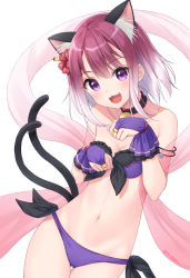 Rule 34 | 1girl, :3, :d, animal ear fluff, animal ears, bare shoulders, bikini, blush, bridal gauntlets, cat ears, cat girl, cat tail, collarbone, commentary request, fang, flower, gradient hair, hagoromo, hair between eyes, hair flower, hair ornament, hands up, multicolored hair, multiple tails, navel, open mouth, paw pose, princess connect!, purple bikini, purple eyes, purple hair, red flower, ribbon-trimmed bikini, ribbon trim, shawl, side-tie bikini bottom, simple background, smile, solo, swimsuit, tail, tamaki (princess connect!), tamaki (summer) (princess connect!), two tails, white background, white hair, yumoran