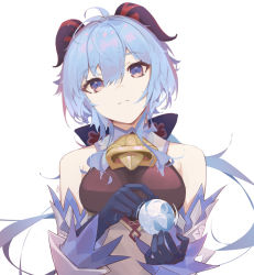 Rule 34 | 1girl, :|, antenna hair, bare shoulders, bell, blue eyes, blue gloves, blue hair, blue sleeves, bodystocking, breasts, closed mouth, commentary, cowbell, detached collar, detached sleeves, elbow gloves, ganyu (genshin impact), genshin impact, gloves, goat horns, gradient eyes, hair between eyes, head tilt, highres, holding, horns, jushoro, long hair, looking at viewer, medium breasts, multicolored eyes, neck bell, simple background, solo, standing, straight-on, upper body, white background