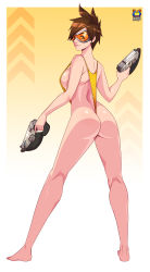 Rule 34 | 1girl, absurdres, artist name, ass, bare shoulders, barefoot, breasts, brown eyes, brown hair, closed mouth, dual wielding, ear piercing, finger on trigger, freckles, from behind, goggles, gun, handgun, highres, holding, holding gun, holding weapon, kyoffie, large breasts, legs apart, lips, long legs, looking at viewer, looking back, one-piece swimsuit, overwatch, overwatch 1, piercing, pink lips, sideboob, slingshot swimsuit, solo, spiked hair, standing, swept bangs, swimsuit, tracer (overwatch), weapon, yellow one-piece swimsuit