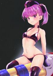 Rule 34 | 1girl, absurdres, alternate costume, bare shoulders, bikini, black background, blush, bow, breasts, collarbone, commentary request, fate/grand order, fate (series), garrison cap, gloves, hair bow, hat, helena blavatsky (fate), helena blavatsky (swimsuit archer) (fate), helena blavatsky (swimsuit archer) (third ascension) (fate), highres, huge filesize, karu (ricardo 2628), looking at viewer, navel, parted lips, ponytail, purple bikini, purple eyes, purple gloves, purple hair, shiny clothes, shiny skin, simple background, sitting, small breasts, smile, solo, stomach, swimsuit, thighhighs