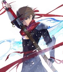 Rule 34 | 1boy, arc (arc the lad), arc the lad, armor, brown eyes, brown hair, closed mouth, cofffee, gloves, headband, holding, holding sword, holding weapon, looking at viewer, male focus, scarf, short hair, simple background, solo, sword, weapon, white background