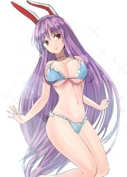Rule 34 | 1girl, animal ears, bare arms, bare legs, bare shoulders, bikini, blue bikini, breasts, choker, commentary request, feet out of frame, frills, highres, large breasts, lens flare, long hair, looking at viewer, navel, purple hair, rabbit ears, red eyes, reisen udongein inaba, simple background, smile, solo, sparkle, stomach, swimsuit, thighs, touhou, very long hair, white background, y2