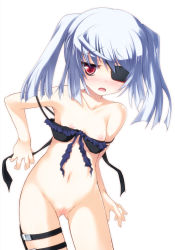 Rule 34 | 10s, 1girl, bare shoulders, bikini, bikini pull, bikini top only, blush, bottomless, breasts, clothes pull, eyepatch, flat chest, highres, holster, infinite stratos, laura bodewig, long hair, nipples, open mouth, pulled by self, pussy, red eyes, safi, silver hair, solo, strap slip, swimsuit, thigh holster, thigh strap, uncensored