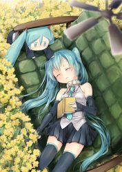Rule 34 | 2girls, absurdres, aqua hair, book, ceiling fan, chibi, closed eyes, collar, couch, detached sleeves, flower, green upholstery, hatsune miku, highres, long hair, lying, md5 mismatch, multiple girls, necktie, on back, resolution mismatch, skirt, sleeping, source smaller, thighhighs, tufted upholstery, twintails, very long hair, vocaloid, yuunagi show