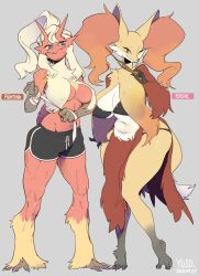 Rule 34 | 2girls, animal ear fluff, animal ears, animal feet, animal hands, animal nose, artist name, beak, belly, bikini, bird girl, black bikini, black fur, black shorts, blaziken, blonde hair, blue eyes, body fur, breasts, claws, cleavage, clenched hands, closed mouth, colored sclera, creatures (company), dated, delphox, dolphin shorts, english text, female focus, flat color, fox ears, fox girl, fox tail, full body, furry, furry female, game freak, gen 3 pokemon, gen 6 pokemon, grey background, groin, half-closed eye, hand up, hand wraps, hands up, happy, high ponytail, highres, holding, holding stick, huge breasts, large breasts, licking, long hair, looking at viewer, multiple girls, navel, nintendo, one eye closed, plump, pokemon, pokemon (creature), red eyes, red fur, shiny skin, short shorts, shorts, side slit, sidelocks, signature, simple background, smile, snout, standing, stick, swimsuit, tail, thick thighs, thighs, toned, tongue, tongue out, topless, white fur, wide hips, wink, yellow fur, yellow sclera, yuio58ok