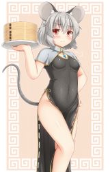 Rule 34 | 1girl, adapted costume, animal ears, bare legs, blush, breasts, capelet, china dress, chinese clothes, covered navel, dress, grey hair, highres, jewelry, legs, looking at viewer, mouse ears, mouse tail, nazrin, necklace, no panties, pelvic curtain, red eyes, short hair, sleeveless, small breasts, solo, tail, touhou, yuu (yu0221f)
