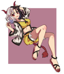 Rule 34 | 1girl, animal ears, animal print, black hair, breasts, cleavage, collarbone, commentary request, cow ears, cow girl, cow horns, cow print, cow tail, crop top, frilled shorts, frills, grey hair, haori, highres, horns, japanese clothes, medium breasts, midriff, multicolored hair, navel, one-hour drawing challenge, open mouth, red eyes, red footwear, red horns, red tail, renshirenji, sandals, shorts, split-color hair, stomach, tail, tank top, toes, touhou, two-tone hair, ushizaki urumi, yellow shorts, yellow tank top