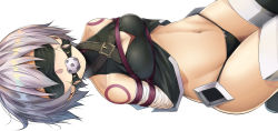 Rule 34 | 1girl, arms behind back, ball gag, bandaged arm, bandages, bare shoulders, bdsm, belt, belt buckle, black belt, black panties, black shirt, blindfold, bondage, bound, bound arms, breasts, buckle, cleavage, collarbone, covered eyes, facial scar, facing viewer, fate/apocrypha, fate (series), from above, gag, gagged, grey hair, groin, halterneck, highres, jack the ripper (fate/apocrypha), lying, navel, on back, panties, restrained, scar, scar across eye, scar on cheek, scar on face, shibari, shirt, short hair, shoulder tattoo, shunga (shun608), simple background, sleeveless, sleeveless shirt, small breasts, solo, stomach, tattoo, thighhighs, turtleneck, underwear, white background, white thighhighs, wiffle gag