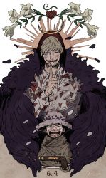 Rule 34 | 2boys, aged down, asapbn, cape, child, closed eyes, coat, crying, donquixote rocinante, facepaint, finger to mouth, fur coat, gun, halo, hat, injury, makeup, male focus, multiple boys, one piece, shushing, trafalgar law, weapon, white lily