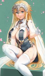 Rule 34 | 1girl, absurdres, azur lane, blonde hair, blue eyes, blush, breast curtains, breasts, china dress, chinese clothes, cleavage, cosplay, dress, fate/apocrypha, fate (series), garter straps, gloves, green background, grey dress, half gloves, headpiece, highres, jeanne d&#039;arc (fate), jeanne d&#039;arc (ruler) (fate), large breasts, long hair, looking at viewer, neckwear between breasts, pelvic curtain, petals, revealing clothes, see-through, sirius (azur lane), sirius (azur lane) (cosplay), sirius (azure horizons) (azur lane), sitting, solar (happymonk), solo, thighhighs, thighs, very long hair, white gloves, white thighhighs