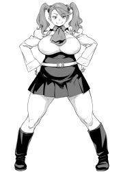 Rule 34 | 1girl, belly, belt, belt buckle, big belly, bobobo, boots, breasts, buckle, ascot, curvy, full body, greyscale, gundam, gundam build fighters, gundam build fighters try, hands on own hips, hip focus, huge breasts, long hair, looking at viewer, monochrome, monochrome, plump, sazaki kaoruko, school uniform, simple background, smile, solo, standing, thick thighs, thighs, twintails, twintails day, wide hips