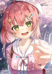 Rule 34 | 1girl, :d, ahoge, blush, day, green eyes, hair between eyes, hair ornament, hairclip, highres, holding, holding petal, hololive, jacket, kito koruta, open clothes, open jacket, open mouth, outdoors, petals, pink hair, pink jacket, sakura miko, sakura miko (school uniform), shirt, smile, solo, upper body, virtual youtuber, white headwear, white shirt, wind
