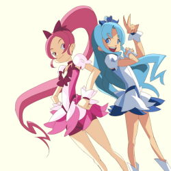 Rule 34 | 10s, 2girls, :d, blue eyes, blue hair, blue skirt, boots, bow, brooch, cure blossom, cure marine, hair bow, hanasaki tsubomi, hands on own hips, heart, heart brooch, heartcatch precure!, jewelry, kurumi erika, long hair, magical girl, makacoon, multiple girls, open mouth, pink bow, pink eyes, pink hair, ponytail, precure, simple background, skirt, smile, standing, stylized, v, very long hair, wrist cuffs