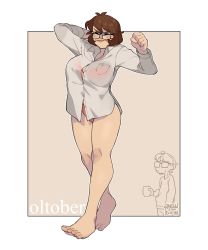 Rule 34 | 1boy, 1girl, artist self-insert, barefoot, beige background, blush, border, bra, bra visible through clothes, breasts, brown hair, clenched hand, collared shirt, commentary, english commentary, closed eyes, facial hair, glasses, highres, large breasts, orange bra, orange panties, original, outside border, panties, shirt, short hair, snowcie, snowciel, solo focus, stretching, stubble, underwear, v-shaped eyebrows, walking, white border, white shirt