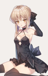 Rule 34 | 1girl, :o, artoria pendragon (all), artoria pendragon (fate), bad id, bad pixiv id, bare shoulders, black bow, black choker, black dress, black gloves, blush, bow, braid, breasts, brown background, brown eyes, brown thighhighs, choker, cleavage, collarbone, commentary request, dress, elbow gloves, fate/grand order, fate (series), feet out of frame, gloves, hair between eyes, hair bow, hair bun, hand up, highres, laurelfalcon, light brown hair, medium breasts, parted lips, saber alter, sidelocks, simple background, single hair bun, sitting, sleeveless, sleeveless dress, solo, thighhighs