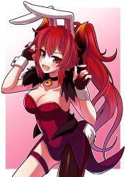 Rule 34 | 1girl, animal ears, asymmetrical legwear, bell, black choker, blush, breasts, choker, cleavage, commentary, cowboy shot, dola (nijisanji), dragon girl, dragon horns, fake animal ears, fingerless gloves, gloves, gradient background, hands in hair, highres, horns, large breasts, leotard, long hair, looking at viewer, nail polish, neck bell, nijisanji, open mouth, pink background, playboy bunny, ponytail, rabbit ears, red eyes, red hair, red leotard, red nails, smile, solo, standing, tanakara, thigh strap, thighs, uneven legwear, virtual youtuber, wrist cuffs