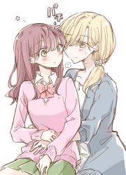 Rule 34 | !, 1 x 1/2, 2girls, absurdres, blonde hair, bow, bowtie, cardigan, green eyes, green scrunchie, green skirt, hair ornament, hair scrunchie, highres, incest, long sleeves, looking at another, morii asuka, morii ayako, mother and daughter, multiple girls, nakamura taiyaki, pink cardigan, pink neckwear, ponytail, red hair, scrunchie, short hair, simple background, sitting, skirt, spoken exclamation mark, white background, yuri
