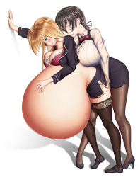 Rule 34 | 2girls, belly, blonde hair, blush, grabbing another&#039;s breast, breasts, brown hair, cleavage, copyright request, closed eyes, full body, grabbing, green eyes, highres, huge breasts, isel, long hair, multiple girls, pantyhose, pregnant, standing, thighhighs, yuri
