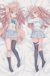 Rule 34 | 1girl, absurdres, ahoge, arm up, asymmetrical legwear, badge, bandaid, bandaid on knee, bandaid on leg, bed sheet, black socks, black thighhighs, blue eyes, blush, bow, bowtie, button badge, cardigan, chinese commentary, clothes lift, commentary, dakimakura (medium), english commentary, full body, green bow, green bowtie, grey sailor collar, grey skirt, hair bow, highres, indie virtual youtuber, kneehighs, light brown hair, live2d inc., looking at viewer, lying, mixed-language commentary, momose hiyori, multiple views, navel, neuro-sama, no shoes, on back, on stomach, osu!, panties, panty pull, pleated skirt, red bow, rune (dualhart), sailor collar, school uniform, serafuku, shirt lift, single kneehigh, single sock, single thighhigh, skirt, smile, socks, stomach, thighhighs, two side up, underwear, uneven legwear, virtual youtuber, white panties, white serafuku, yellow cardigan