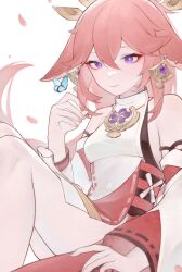 Rule 34 | 1girl, animal ears, bare shoulders, bug, butterfly, closed mouth, commentary request, detached sleeves, earrings, feet out of frame, floppy ears, fox ears, genshin impact, highres, insect, jewelry, knees up, long hair, luoming7040, nontraditional miko, pink hair, pink nails, purple eyes, ribbon-trimmed sleeves, ribbon trim, shirt, sleeveless, sleeveless shirt, smile, solo, white shirt, white sleeves, yae miko