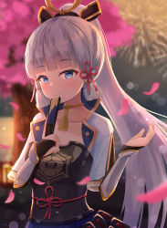 Rule 34 | 1girl, armor, ayaka (genshin impact), blue eyes, blue hair, blunt bangs, breastplate, cherry blossoms, choker, collarbone, fireworks, genshin impact, gloves, hair ornament, hand fan, highres, hikkyou, looking at viewer, petals, smile