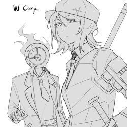 Rule 34 | 1girl, 1other, arm pouch, arm strap, baseball cap, clock, closed mouth, coat, collared shirt, dante (limbus company), faust (project moon), fire, gloves, greyscale, hand up, hat, highres, ivy (675671), limbus company, looking at viewer, monochrome, necktie, object head, project moon, shirt, short hair, upper body, vest