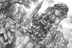 Rule 34 | 1girl, artist name, bad id, bad pixiv id, bag, bare arms, bare shoulders, bracelet, breasts, bridge, city, cleavage, dress, dutch angle, frilled dress, frills, greyscale, hand on headwear, handbag, hat, jewelry, layered dress, light smile, long hair, looking at viewer, maribel hearn, mob cap, monochrome, mountain, nagayo, necklace, pearl necklace, plant, potted plant, ribbon, sign, sleeveless, sleeveless dress, small breasts, solo, touhou, tower, tree, vines