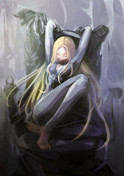 Rule 34 | 1girl, barefoot, blonde hair, bodysuit, claymore (series), highres, long hair, miria, nephy, one eye closed, restrained, solo, yellow eyes