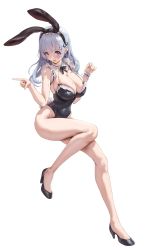Rule 34 | 1girl, absurdres, animal ears, azur lane, bare shoulders, black footwear, black hairband, black legwear, blush, breasts, cleavage, covered navel, detached collar, dido (azur lane), earrings, fake animal ears, full body, hairband, high heels, highres, jewelry, large breasts, leotard, long hair, looking at viewer, muloli, open mouth, playboy bunny, purple eyes, rabbit ears, rabbit tail, silver hair, simple background, solo, tail, white background