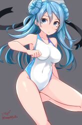 Rule 34 | 1girl, absurdres, artist name, baileys (tranquillity650), bare arms, bare legs, bare shoulders, blue eyes, blue hair, breasts, collarbone, competition swimsuit, double bun, hair bun, hat, highres, kantai collection, large breasts, long hair, one-piece swimsuit, parted lips, sailor hat, signature, solo, swimsuit, twitter username, urakaze (kancolle), white hat