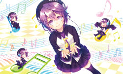 Rule 34 | 4girls, :&gt;, :&lt;, :d, \o/, arms up, beret, boots, checkered floor, chestnut mouth, chibi, crossed arms, floor, hat, headphones, headset, multiple girls, multiple persona, musical note, necktie, open mouth, outstretched arms, pleated skirt, purple eyes, purple hair, renta, renta (deja-vu), short hair, sitting, skirt, sleeves past wrists, smile, standing, star (symbol), thigh boots, thighhighs, utane uta, utau