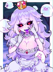 Rule 34 | 1girl, 5others, black sclera, boo (mario), breasts, cleavage, closed eyes, colored sclera, crown, dress, earrings, ghost, gloves, highres, jewelry, large breasts, long hair, looking at viewer, luigi&#039;s mansion, mario (series), mini crown, multiple others, new super mario bros. u deluxe, nintendo, open mouth, pointy ears, princess king boo, red eyes, satanmanse, sharp teeth, short sleeves, smile, super crown, teeth, tongue, tongue out, upper teeth only, white dress, white gloves
