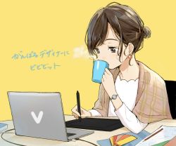 Rule 34 | 1girl, blanket, book, brown eyes, brown hair, chair, commentary request, computer, cup, desk, drawing tablet, drinking, earrings, hair bun, hair ornament, hairclip, highres, holding, holding cup, jewelry, laptop, mug, original, paper, pencil, sako (35s 00), simple background, single hair bun, sitting, solo, steam, translation request, yellow background