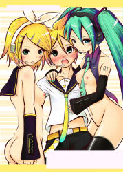 Rule 34 | 1boy, 2girls, breasts, brother and sister, clothed on nude, hatsune miku, incest, kagamine len, kagamine rin, multiple girls, nude, pimp, siblings, twins, twintails, undressing, vocaloid