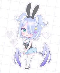 Rule 34 | 1girl, ametokani, animal ears, aqua eyes, blue bow, blue bowtie, bow, bowtie, breasts, chibi, cleavage, cross hair ornament, dragon wings, elira pendora, fake animal ears, fake tail, fang, full body, hair ornament, hair over one eye, hairclip, head wings, heart, high heels, highres, large breasts, leotard, looking at viewer, low wings, medium hair, nijisanji, nijisanji en, open mouth, outline, own hands together, playboy bunny, rabbit ears, rabbit hair ornament, rabbit tail, skin fang, solo, tail, thighhighs, virtual youtuber, white outline, white thighhighs, wings, wrist cuffs