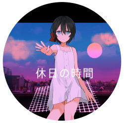 Rule 34 | 1girl, bare arms, bare shoulders, black hair, blue eyes, blue sky, bow, chihuri, cityscape, cloud, collarbone, dress, gradient sky, hair between eyes, hair bow, highres, hoshi meiko (chihuri), looking at viewer, original, outstretched arm, parted lips, pixel art, purple sky, red bow, sky, sleeveless, sleeveless dress, solo, translation request, white dress
