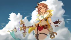 Rule 34 | 1girl, :d, absurdres, atelier (series), atelier ryza, atelier ryza 2, belt, black bow, black thighhighs, bow, breasts, brown eyes, brown hair, cloud, cowboy shot, cross hair ornament, erotanuki, gloves, hair ornament, hat, hat bow, highres, holding, holding staff, jewelry, large breasts, looking at viewer, necklace, open mouth, red shorts, reisalin stout, short hair, short shorts, shorts, signature, single thighhigh, sky, smile, solo, staff, standing, thighhighs, thighlet, thighs, white hat