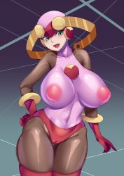 Rule 34 | 1girl, bluespice, bodysuit, breasts, cleft of venus, covered erect nipples, gloves, green eyes, hand on own hip, helmet, highres, huge breasts, large areolae, long hair, mega man (series), mega man battle network, open mouth, pink bodysuit, roll.exe (mega man), smile, solo
