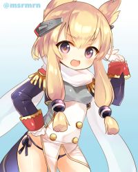Rule 34 | 1girl, :d, animal ears, azur lane, bad id, bad pixiv id, black panties, blonde hair, blue background, blush, breasts, cat ears, commentary request, cowboy shot, gloves, gradient background, hair between eyes, hair ornament, hand on own hip, hand up, headgear, jacket, long hair, long sleeves, looking at viewer, mashiro miru, medium breasts, open mouth, panties, purple eyes, purple jacket, side-tie panties, sidelocks, smile, solo, twitter username, underwear, warspite (azur lane), white background, white gloves